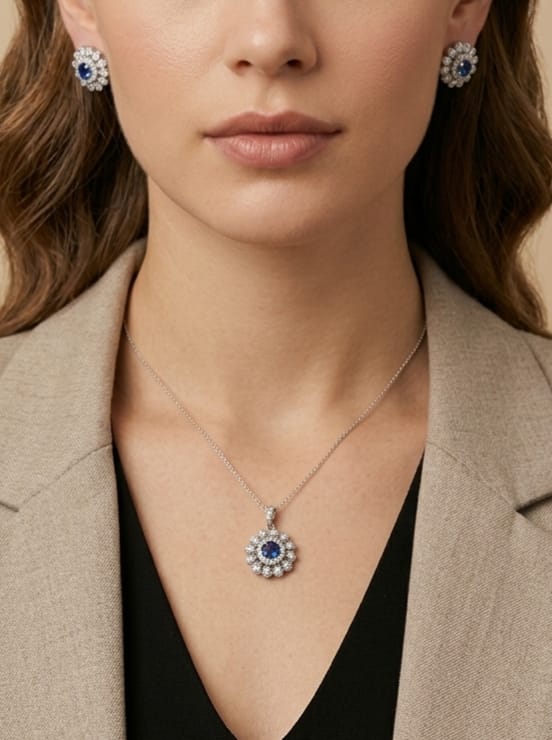 925 Silver Royal Blue Sunflower Pendant & Studs Set