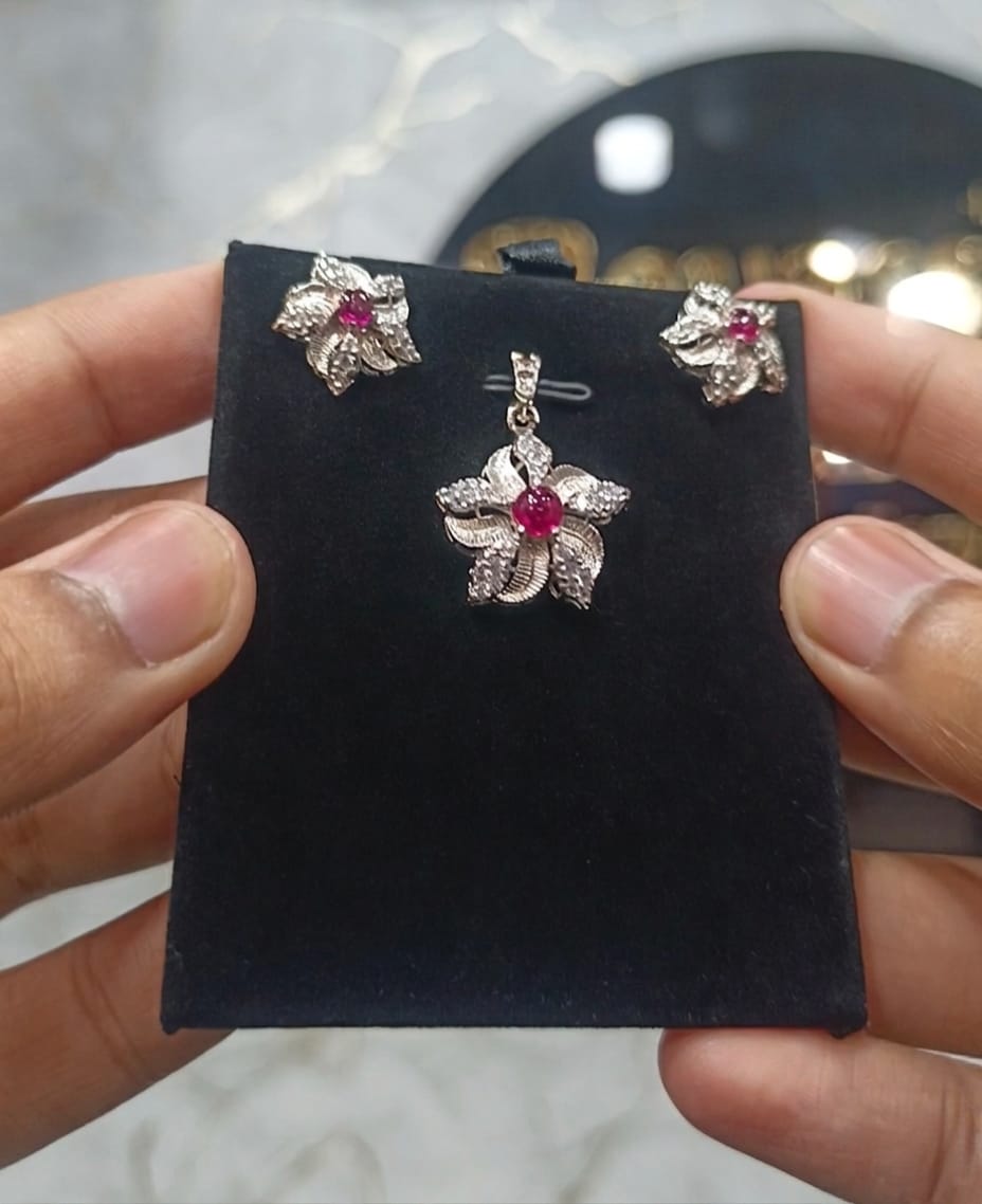 925 Silver Floral Ruby & Diamond Style Pendant Set