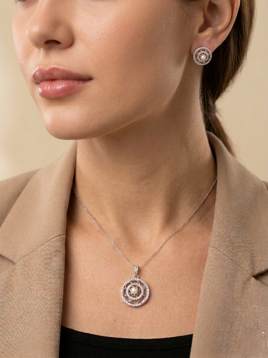 Infinity Circle Pearl Pendant and Studs Set