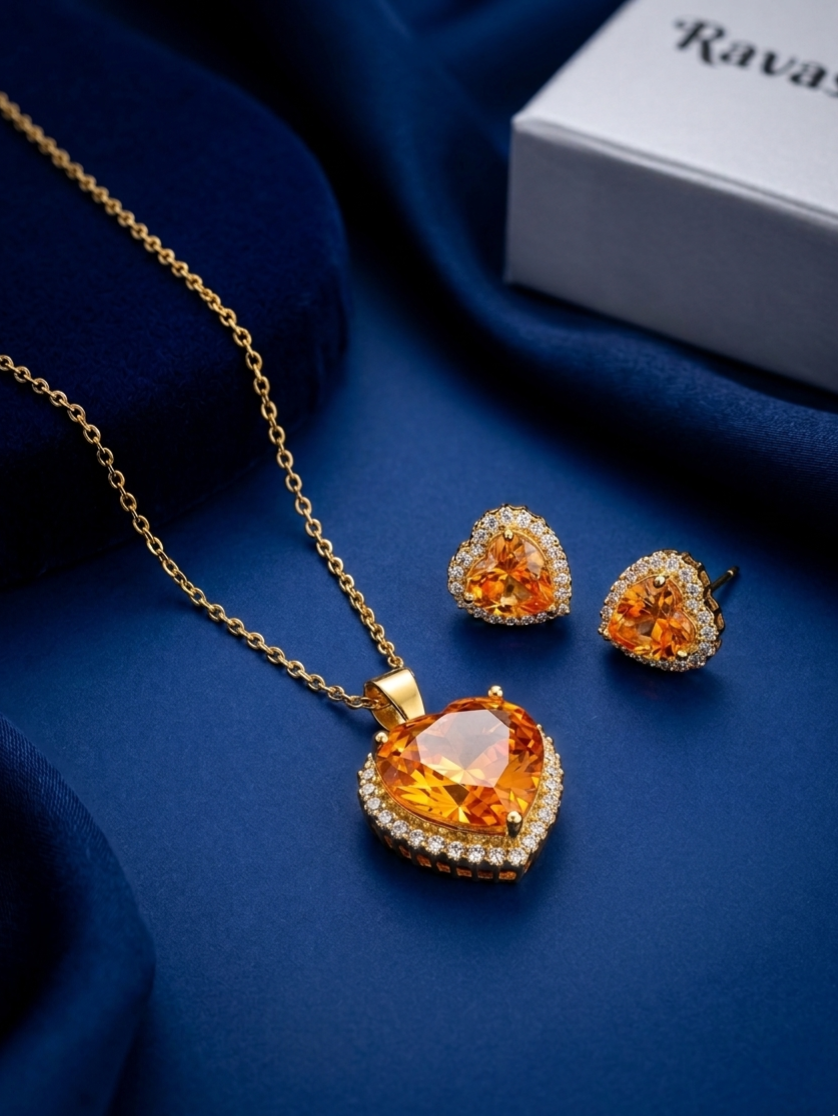 Golden Honey Champaign Heart Pendant and Studs Set