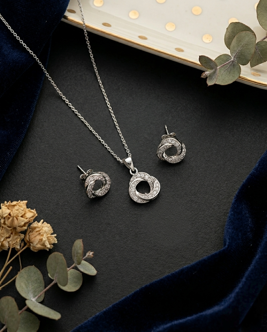 925 Silver Infinity Round Pendant and Studs Set