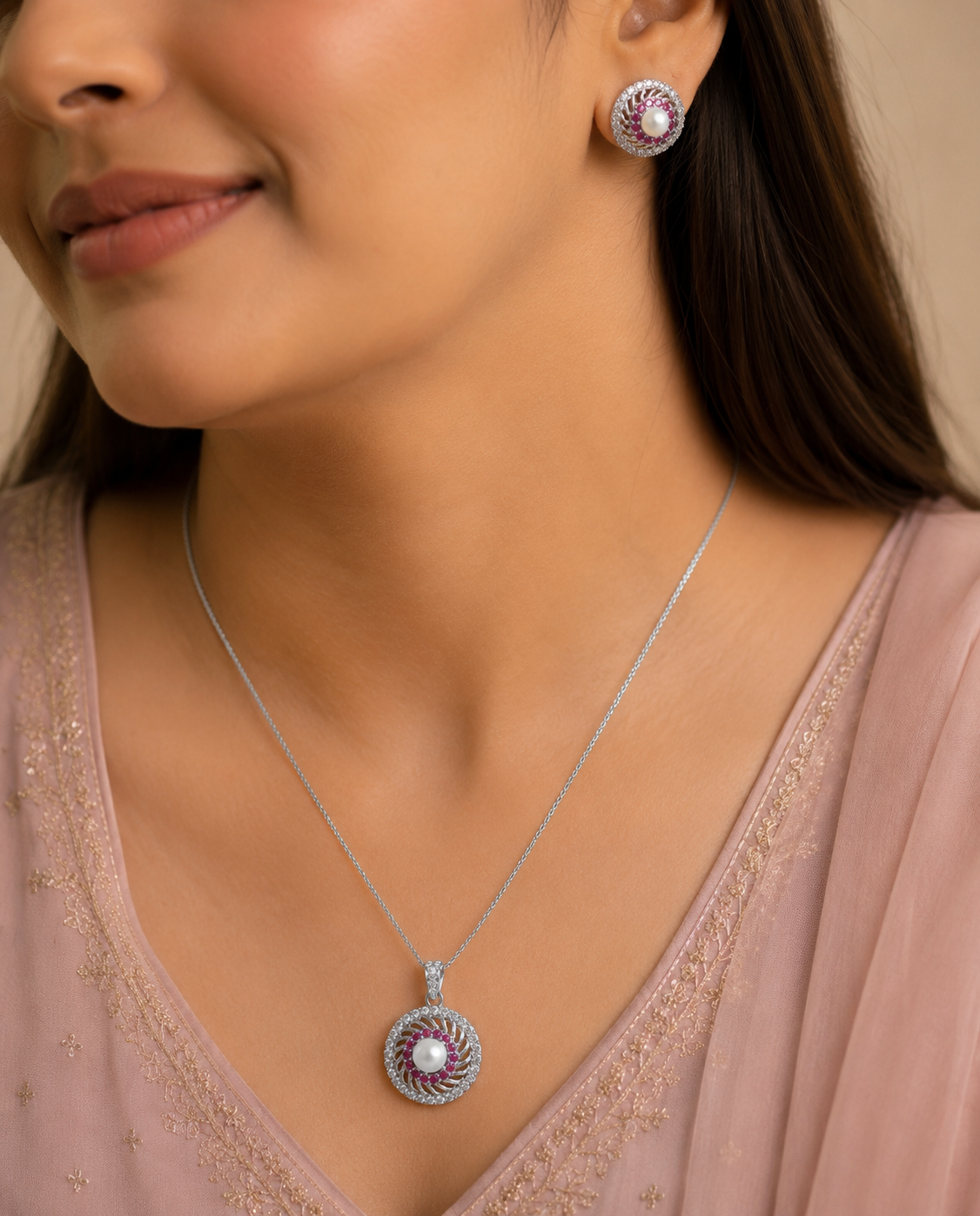 Royal Pearl and Ruby Radiance Pendant and Studs set