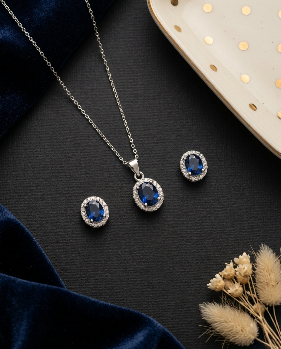 925 Silver Oval Blue Cut Style Pendant and Studs Set
