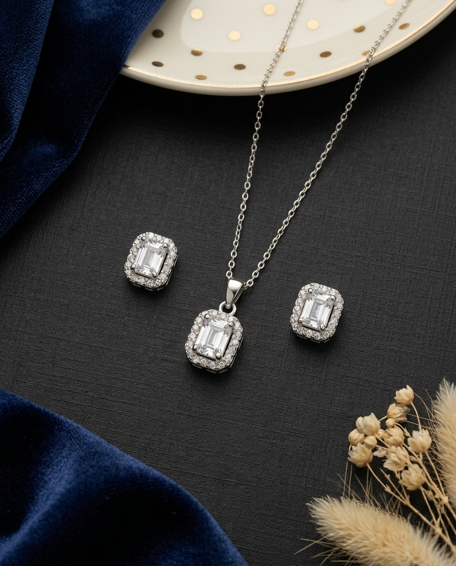 925 Silver White Emerald Cut Pendant and Studs Set
