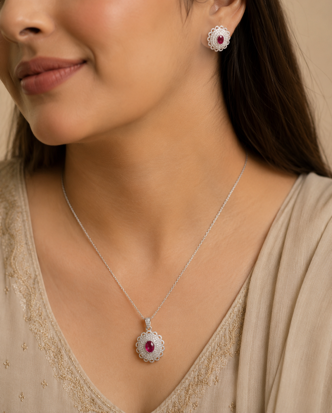 Crimson Halo Oval Pendant and Studs Set