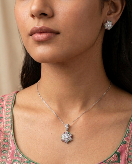 Floral Radiance Pendant and studs set