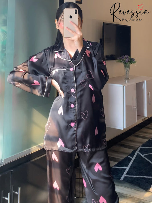 Black Hearts Silk Pajamas