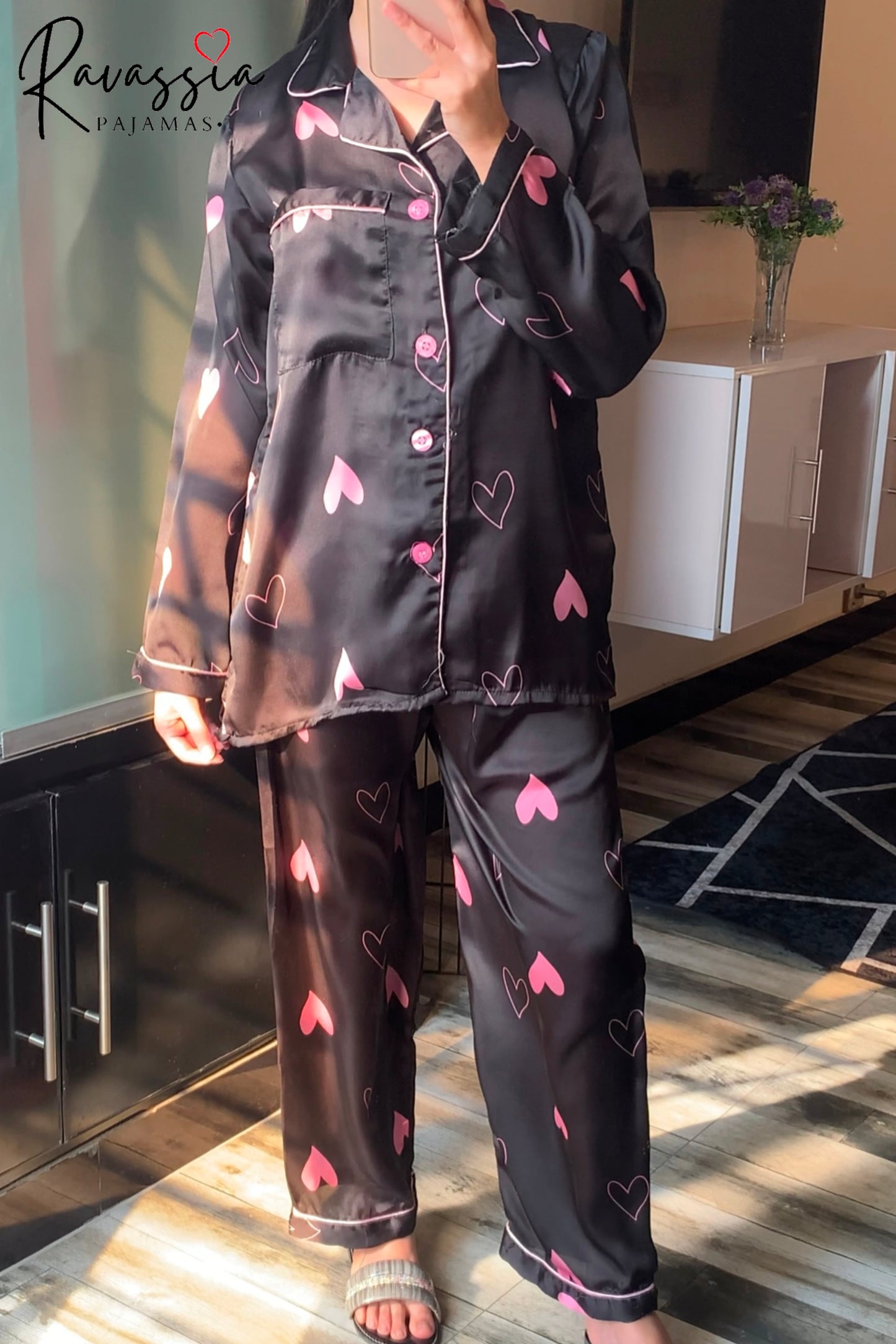 Black Hearts Silk Pajamas