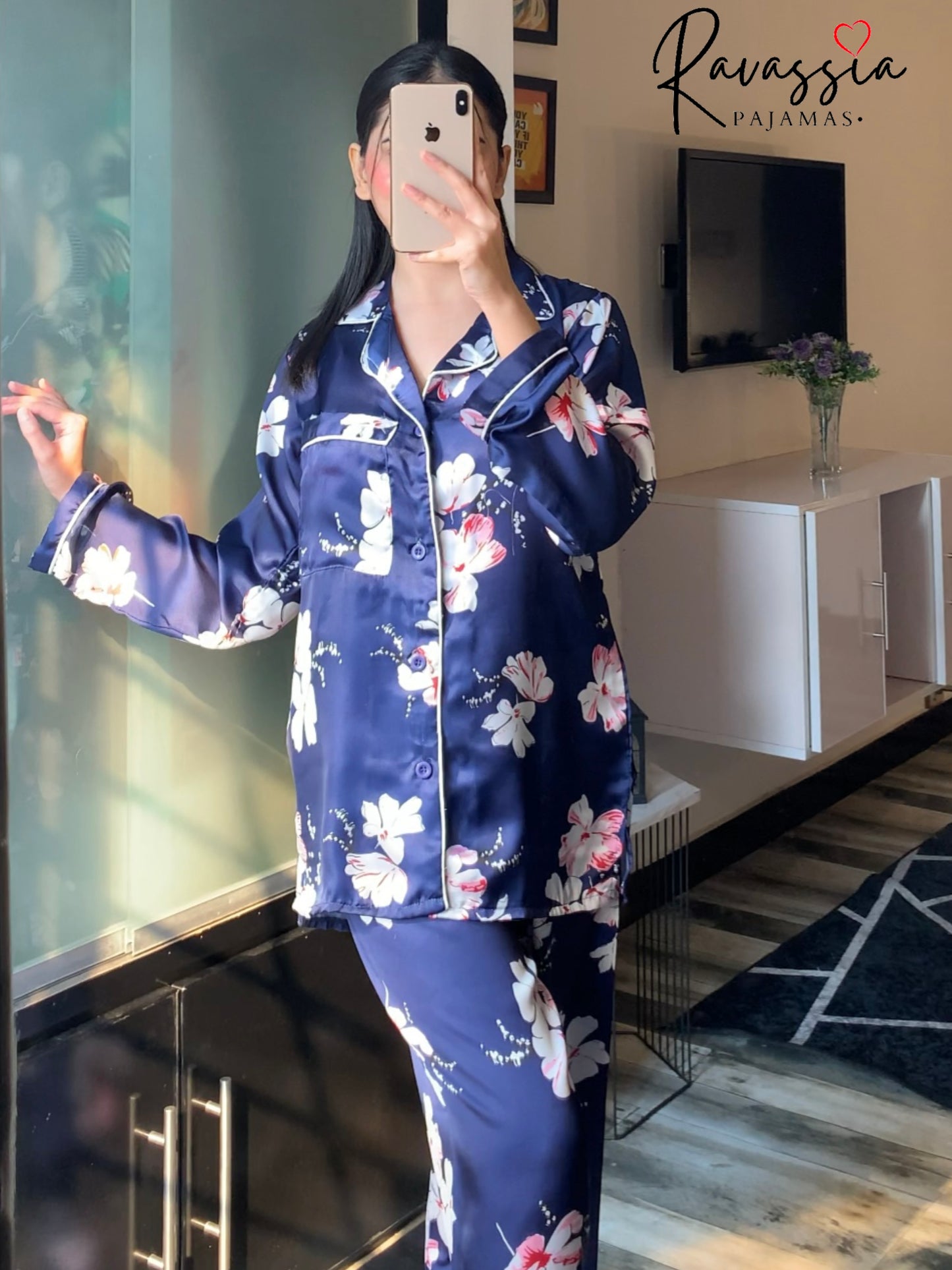 Floral Navy Blue Silk Pajamas