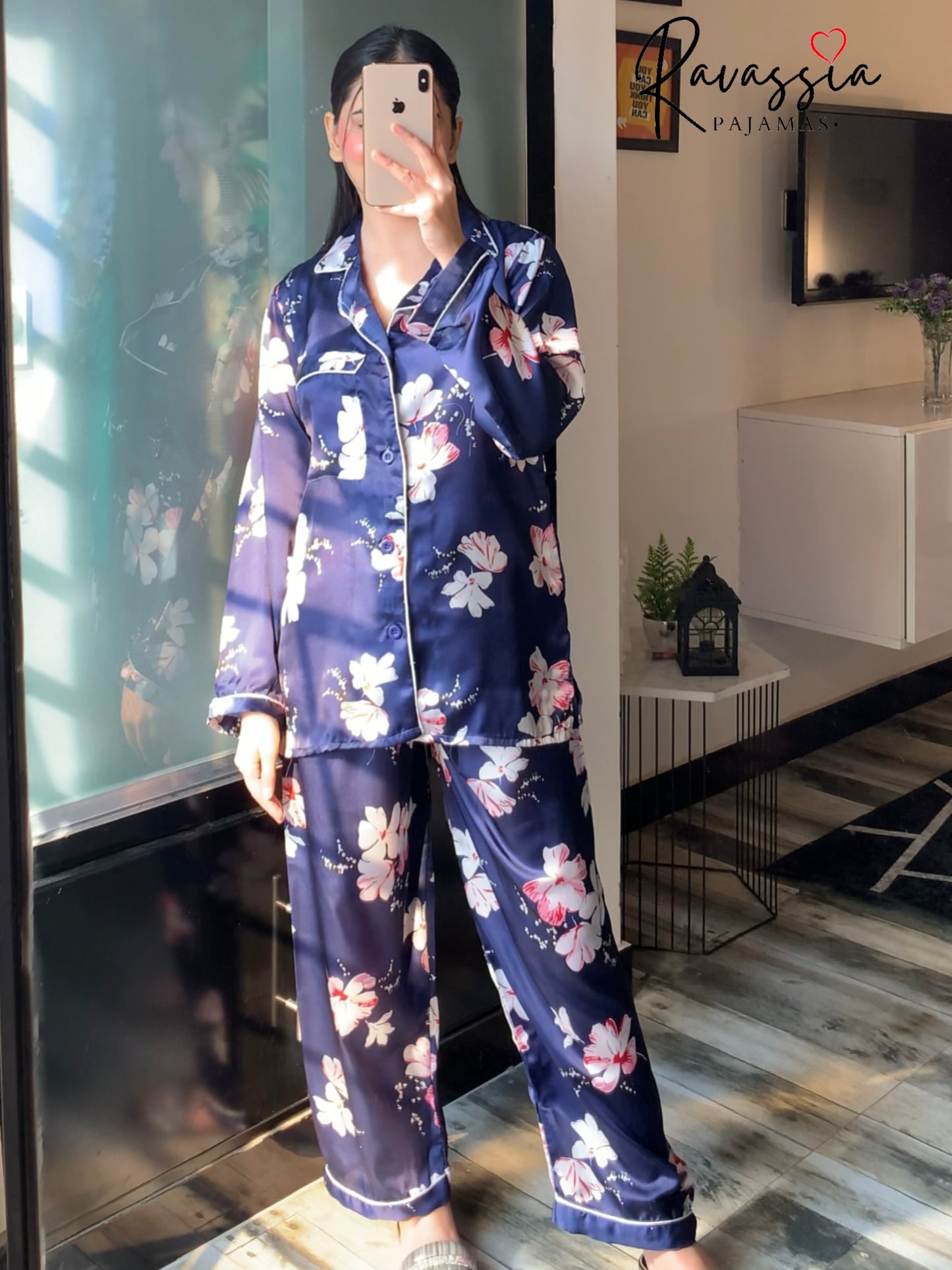 Floral Navy Blue Silk Pajamas