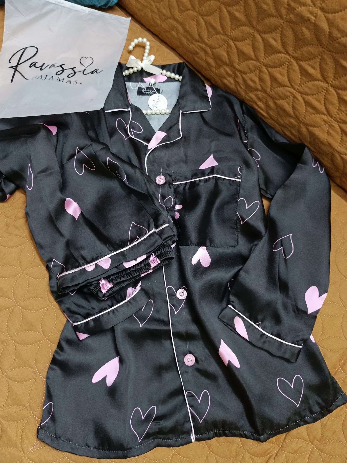 Black Hearts Silk Pajamas