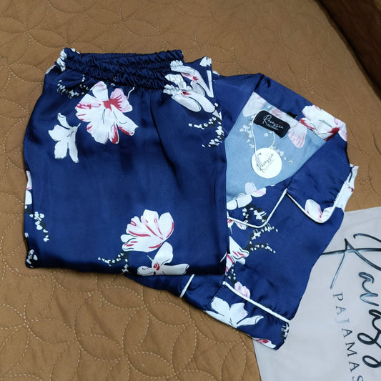 Floral Navy Blue Silk Pajamas