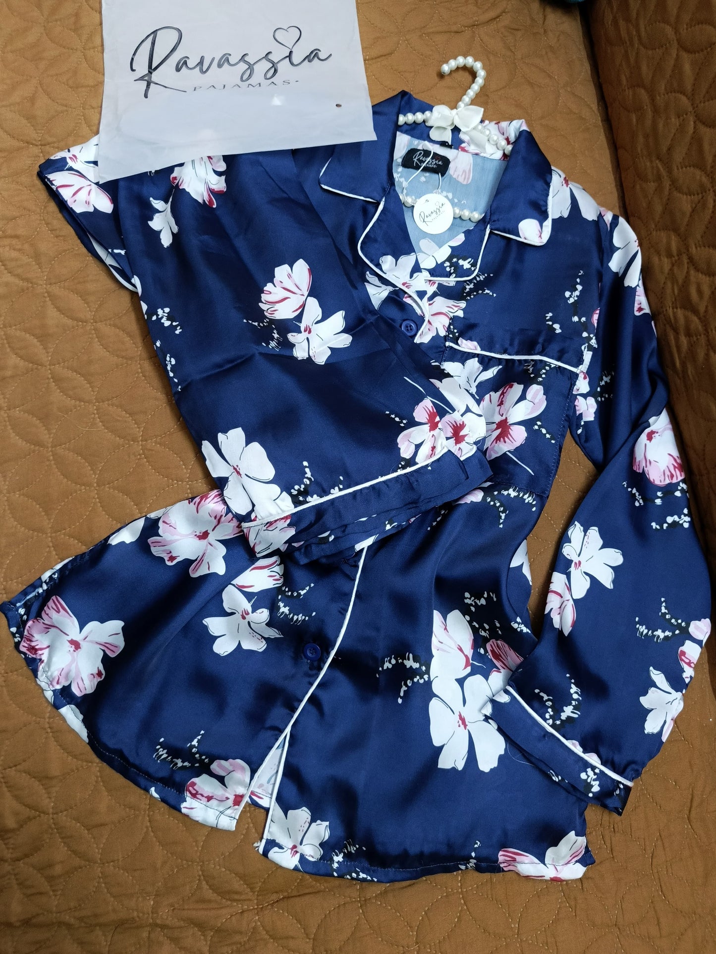 Floral Navy Blue Silk Pajamas