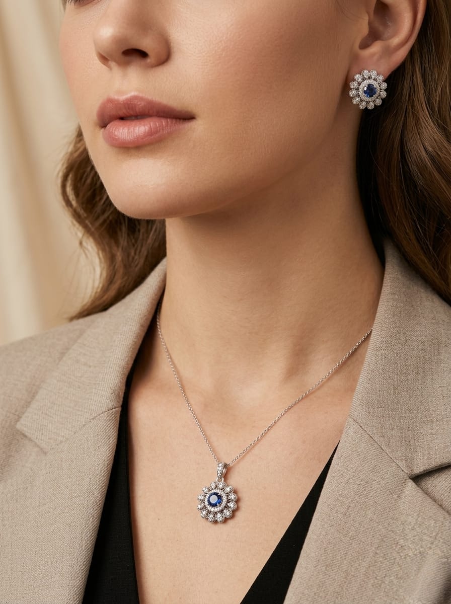 925 Silver Royal Blue Sunflower Pendant & Studs Set