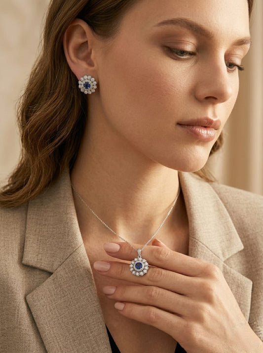 925 Silver Royal Blue Sunflower Pendant & Earring Set