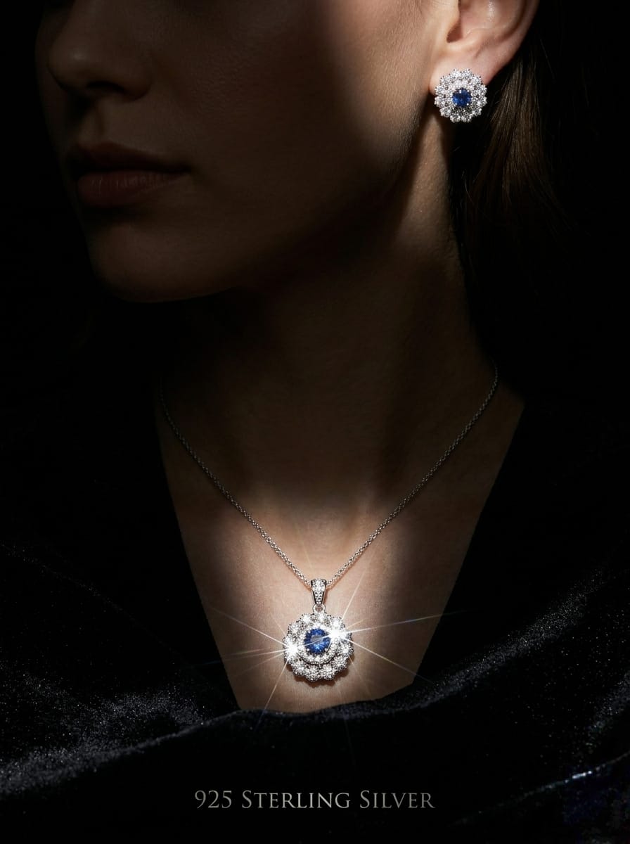 925 Silver Royal Blue Sunflower Pendant & Studs Set