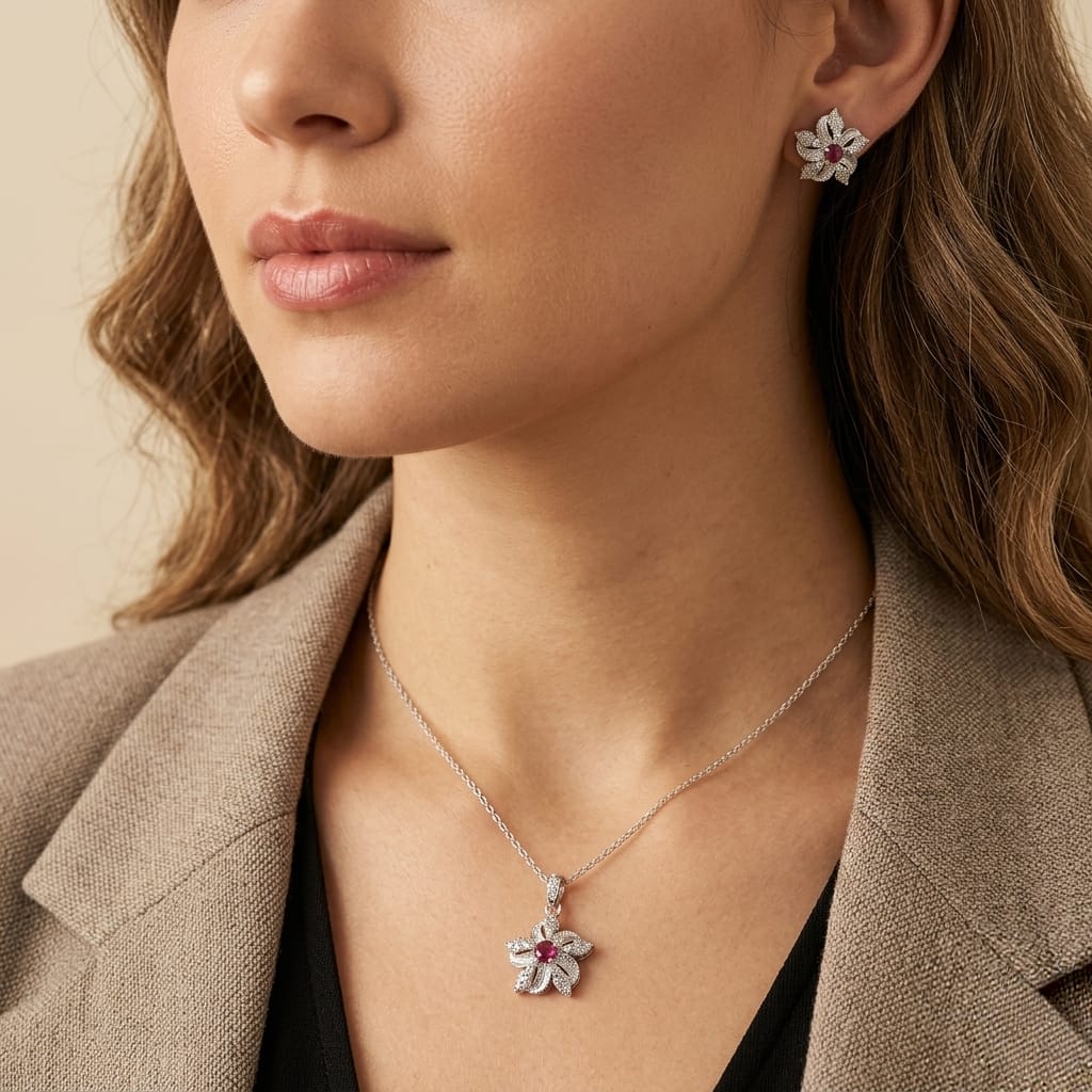 925 Silver Floral Ruby & Diamond Style Pendant Set