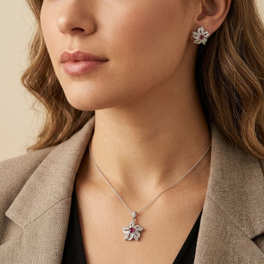 925 Silver Floral Ruby & Diamond Style Pendant Set
