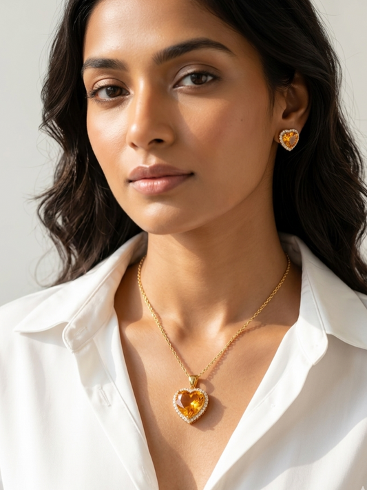 Golden Honey Citrine Heart Jewelry Set with 925 Chain