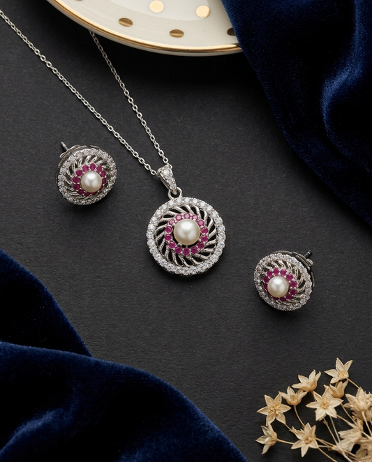 Royal Pearl and Ruby Radiance Pendant and Studs set