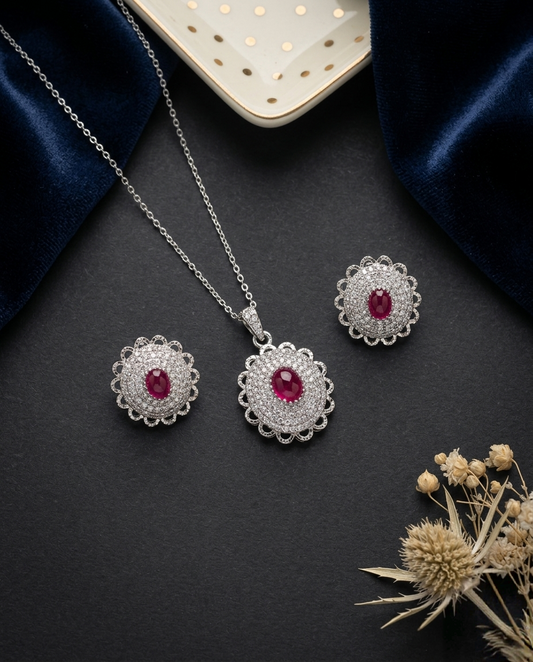Crimson Halo Oval Pendant and Studs Set
