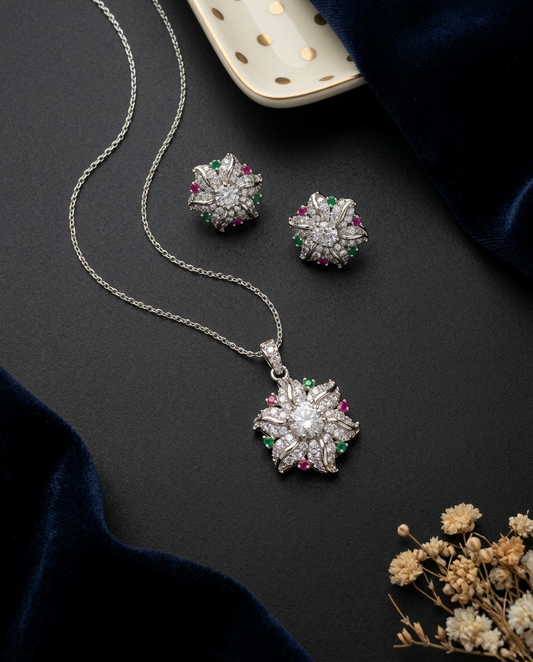 Floral Radiance Pendant and studs set