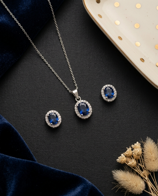 925 Silver Oval Blue Cut Style Pendant and Studs Set