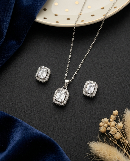 925 Silver White Emerald Cut Pendant and Studs Set