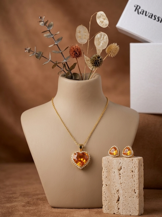 Golden Honey Citrine Heart Jewelry Set with 925 Chain