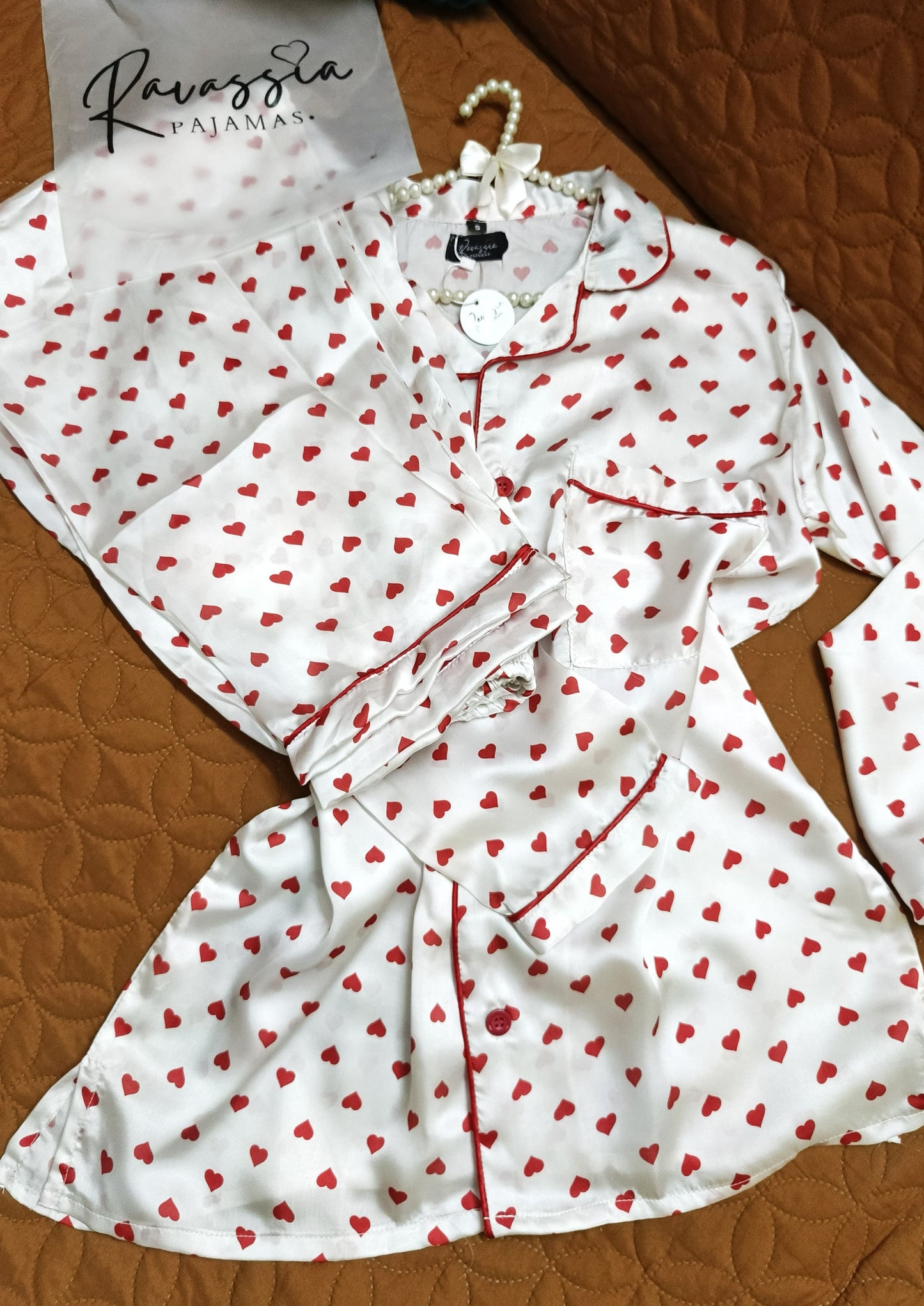 White Hearts Silk Pajamas