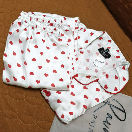 White Hearts Silk Pajamas